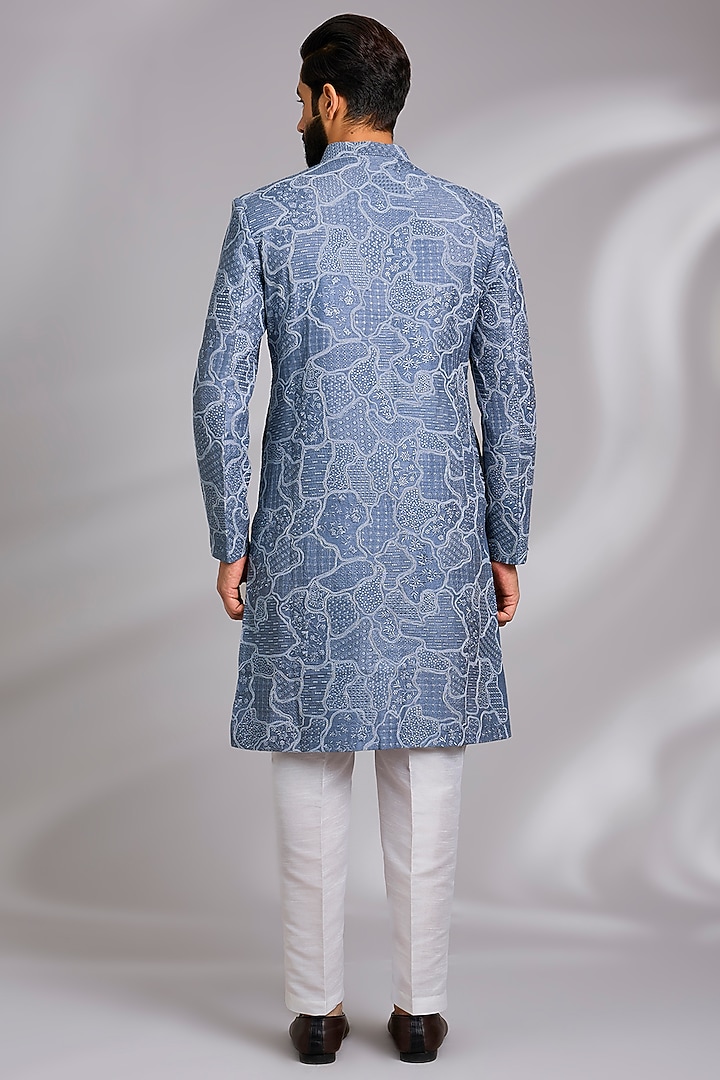 Grey Viscose Textured Embroidered Wedding Sherwani Set by TushPosh at Pernia's Pop Up Shop