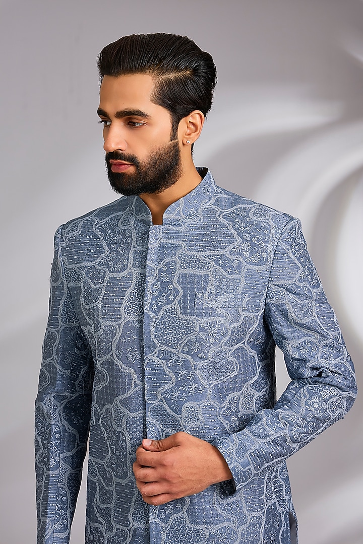 Grey Viscose Textured Embroidered Wedding Sherwani Set by TushPosh at Pernia's Pop Up Shop