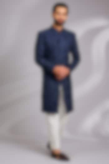 Navy Blue Viscose Textured Embroidered Wedding Sherwani Set by TushPosh at Pernia's Pop Up Shop