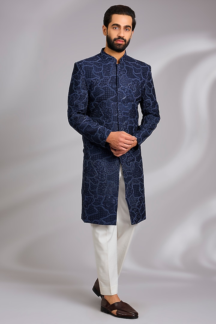Navy Blue Viscose Textured Embroidered Wedding Sherwani Set by TushPosh at Pernia's Pop Up Shop