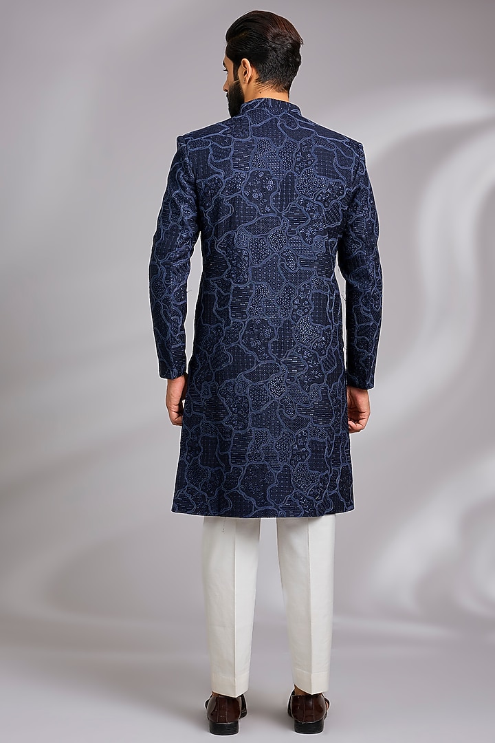 Navy Blue Viscose Textured Embroidered Wedding Sherwani Set by TushPosh at Pernia's Pop Up Shop