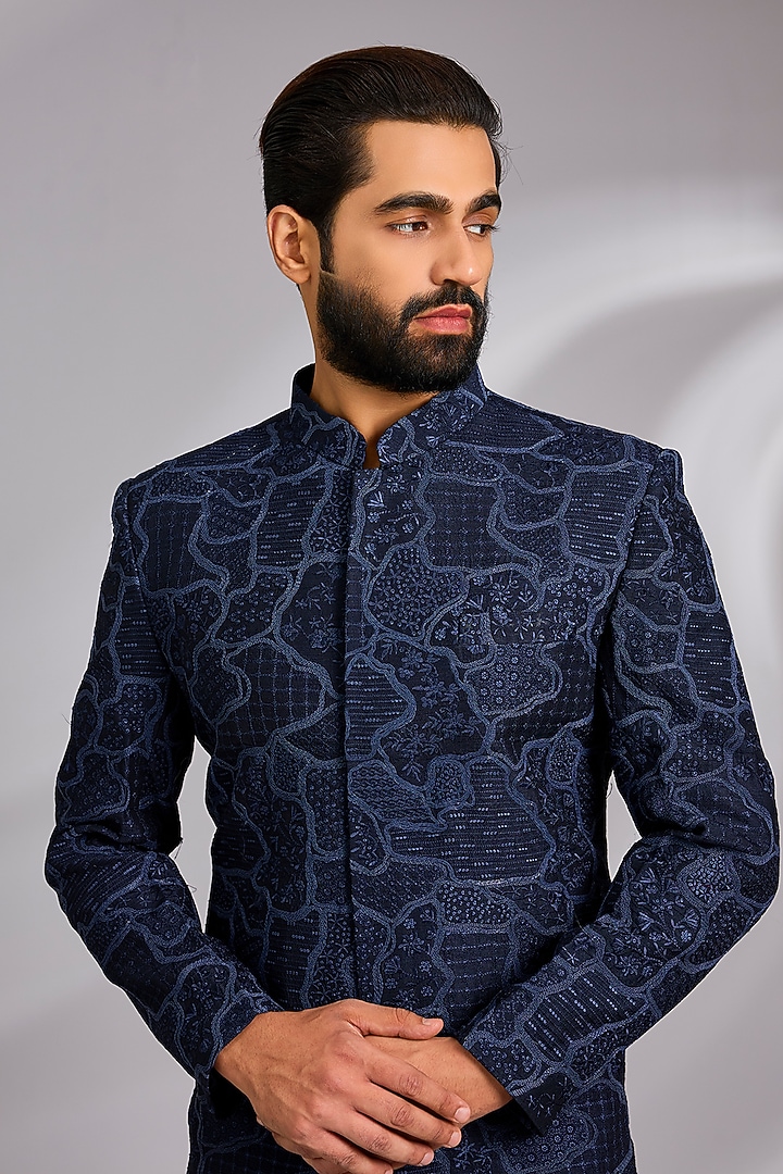 Navy Blue Viscose Textured Embroidered Wedding Sherwani Set by TushPosh at Pernia's Pop Up Shop