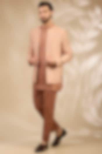 Peach Viscose Embroidered Wedding Bandhgala Set by TushPosh at Pernia's Pop Up Shop