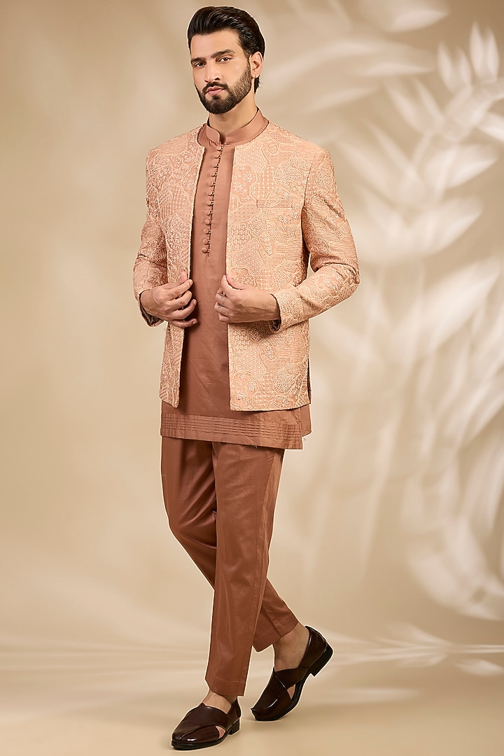 Peach Viscose Embroidered Wedding Bandhgala Set by TushPosh at Pernia's Pop Up Shop