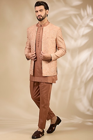 Peach Viscose Embroidered Bandhgala Set by TushPosh