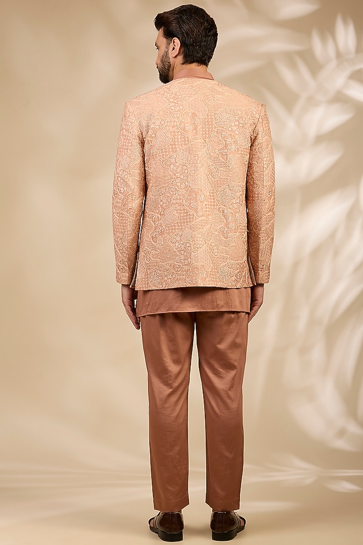 Peach Viscose Embroidered Wedding Bandhgala Set by TushPosh at Pernia's Pop Up Shop