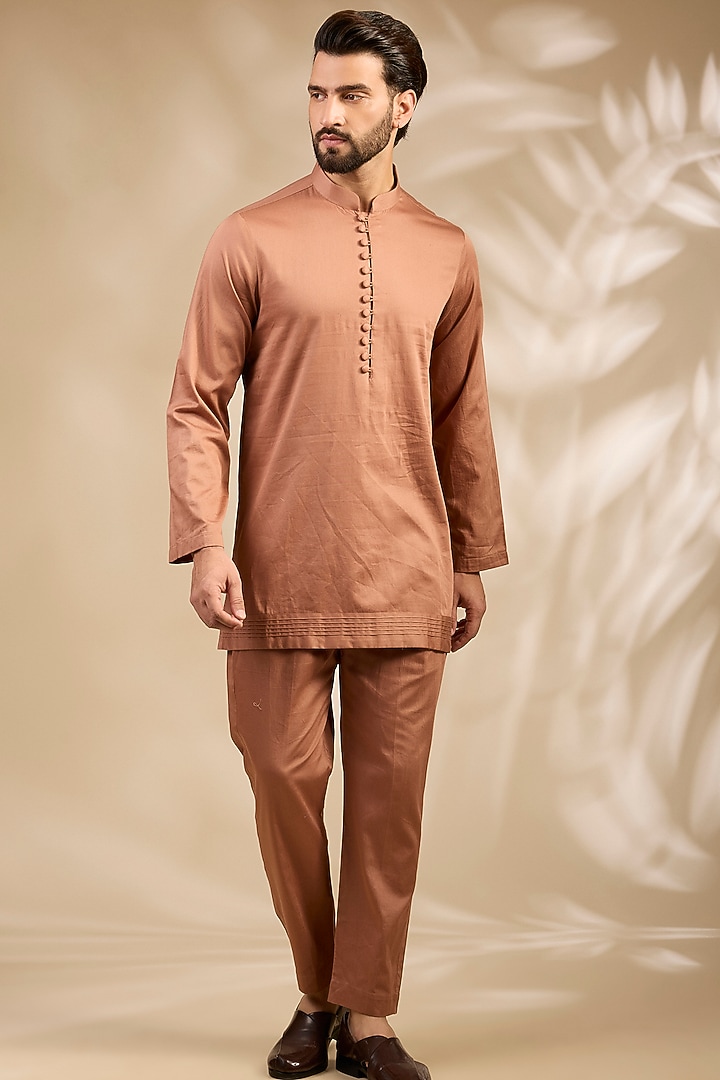 Peach Viscose Embroidered Wedding Bandhgala Set by TushPosh at Pernia's Pop Up Shop