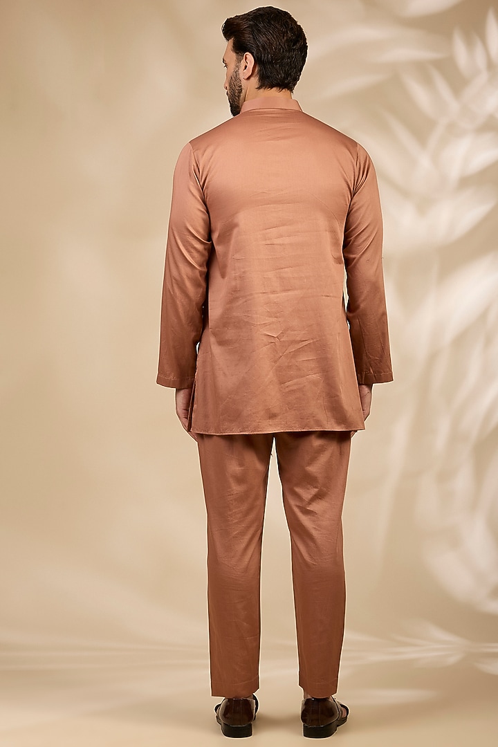 Peach Viscose Embroidered Wedding Bandhgala Set by TushPosh at Pernia's Pop Up Shop