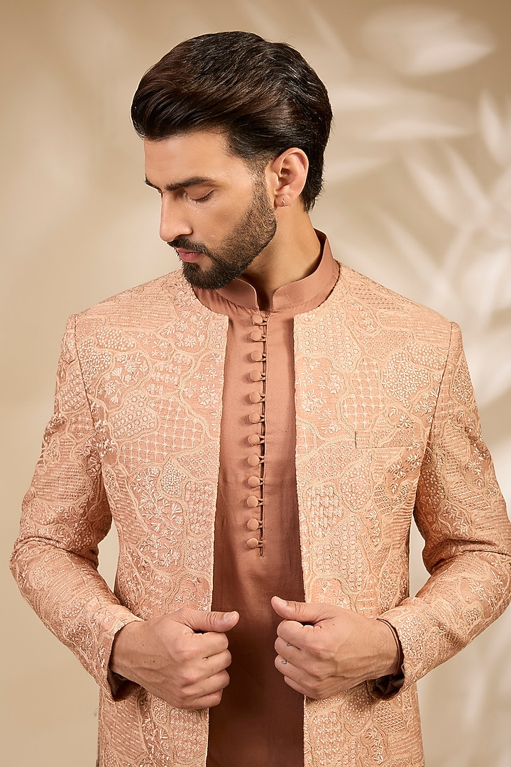 Peach Viscose Embroidered Wedding Bandhgala Set by TushPosh at Pernia's Pop Up Shop