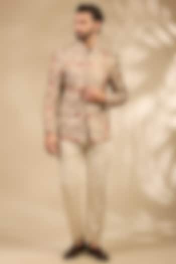 Beige Viscose Floral Embroidered Wedding Bandhgala Set by TushPosh at Pernia's Pop Up Shop