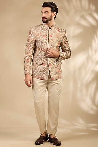 Beige Viscose Floral Embroidered Bandhgala Set by TushPosh