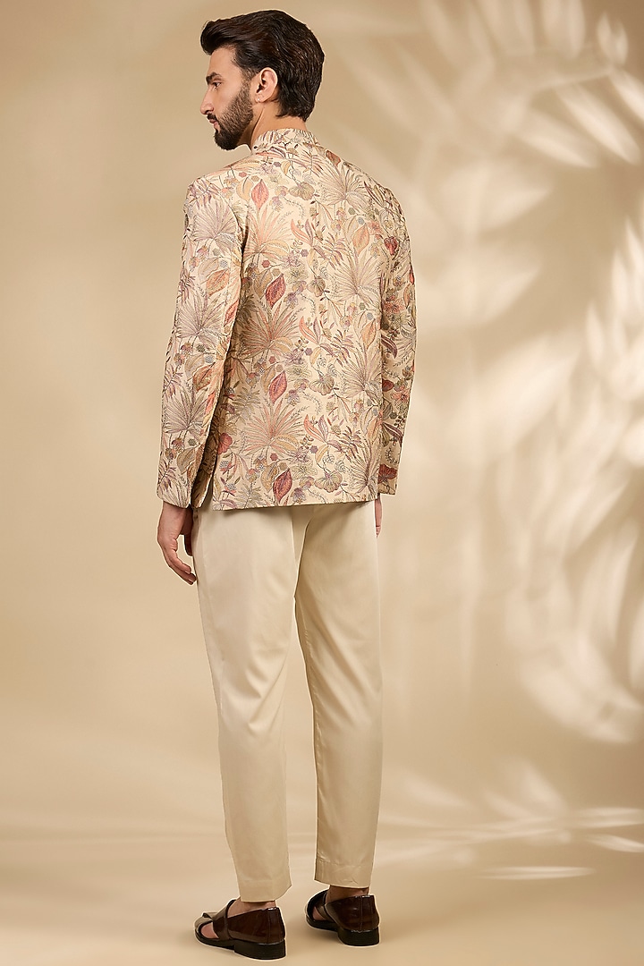 Beige Viscose Floral Embroidered Wedding Bandhgala Set by TushPosh at Pernia's Pop Up Shop