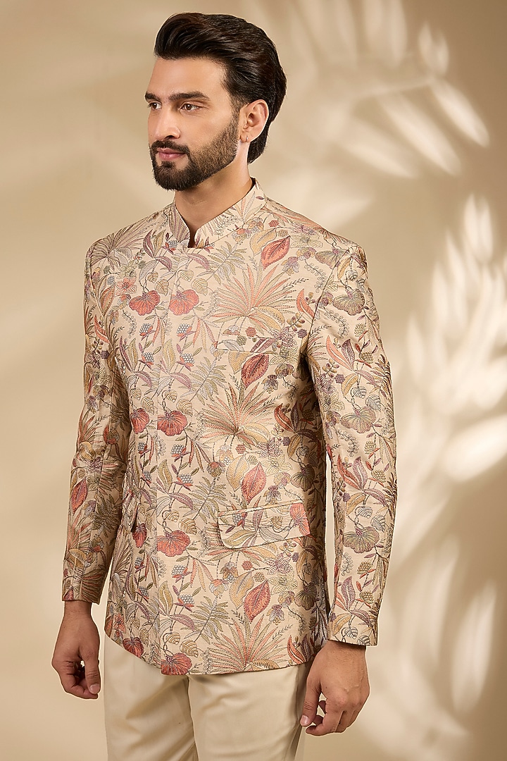 Beige Viscose Floral Embroidered Wedding Bandhgala Set by TushPosh at Pernia's Pop Up Shop