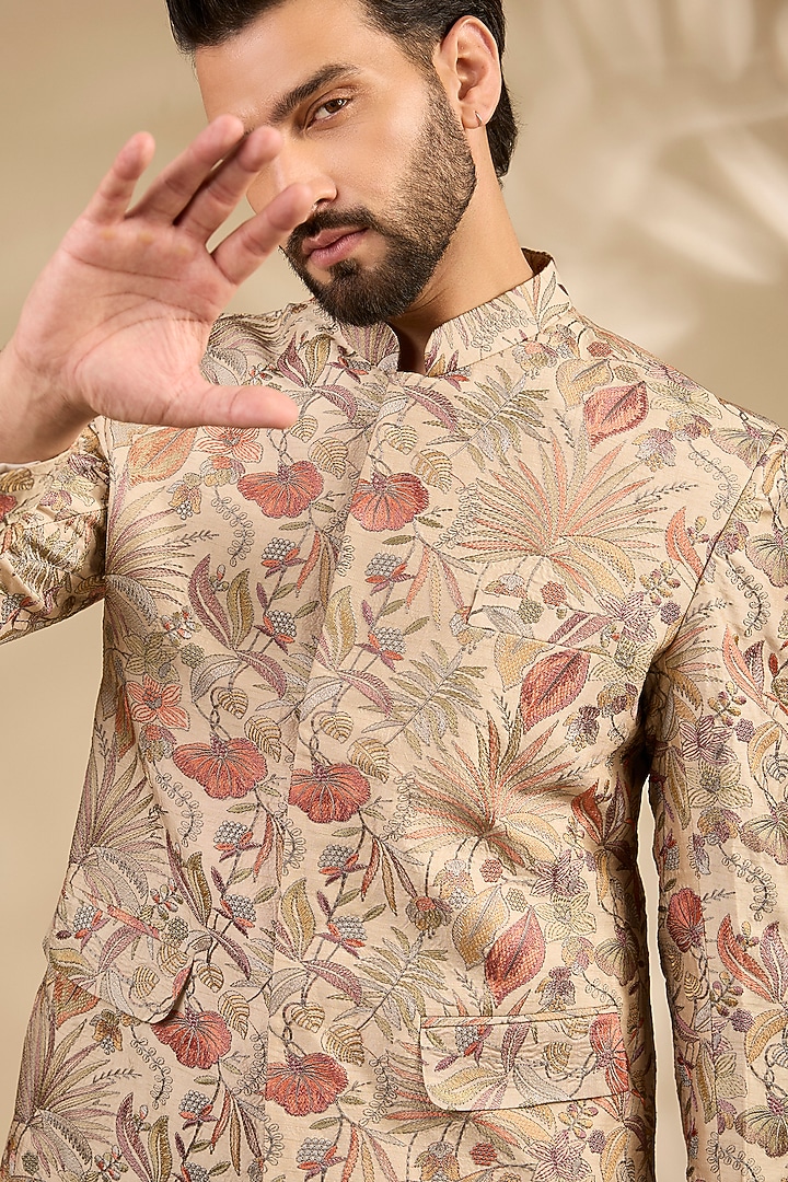 Beige Viscose Floral Embroidered Wedding Bandhgala Set by TushPosh at Pernia's Pop Up Shop