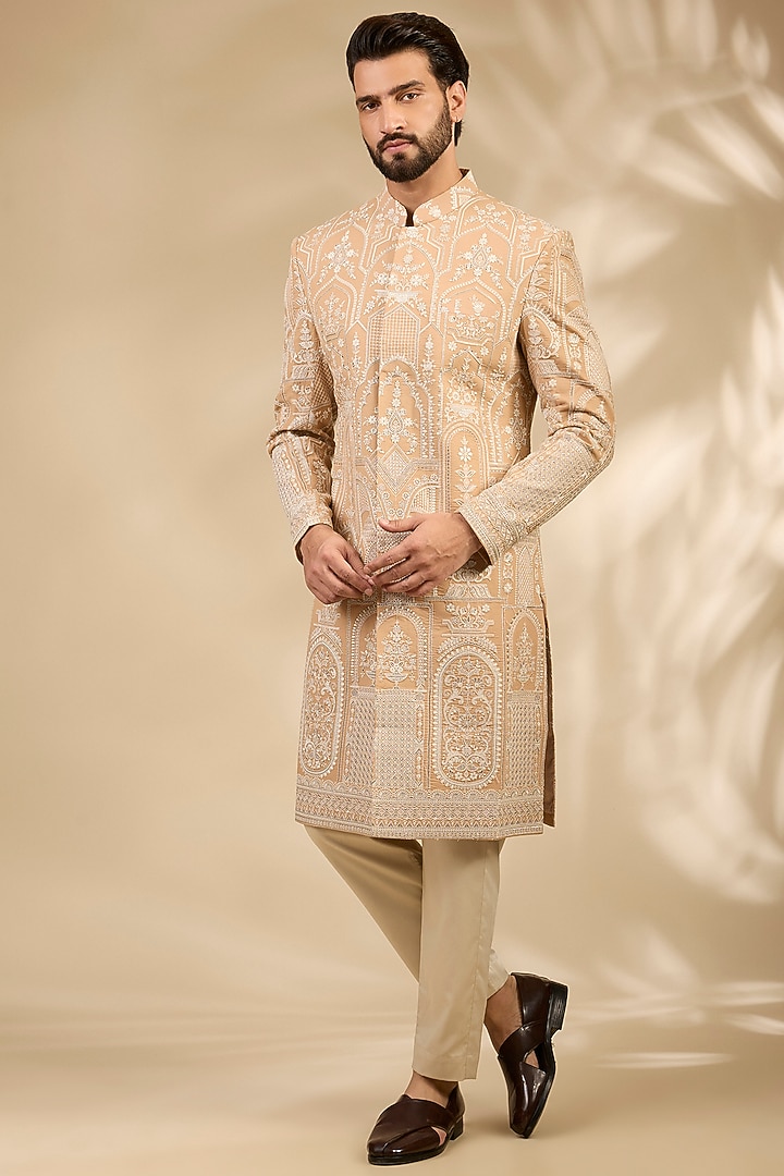 Beige Georgette Embroidered Wedding Sherwani Set by TushPosh at Pernia's Pop Up Shop