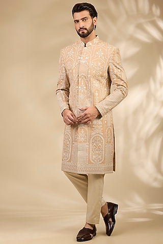 Beige Georgette Embroidered Sherwani Set by TushPosh