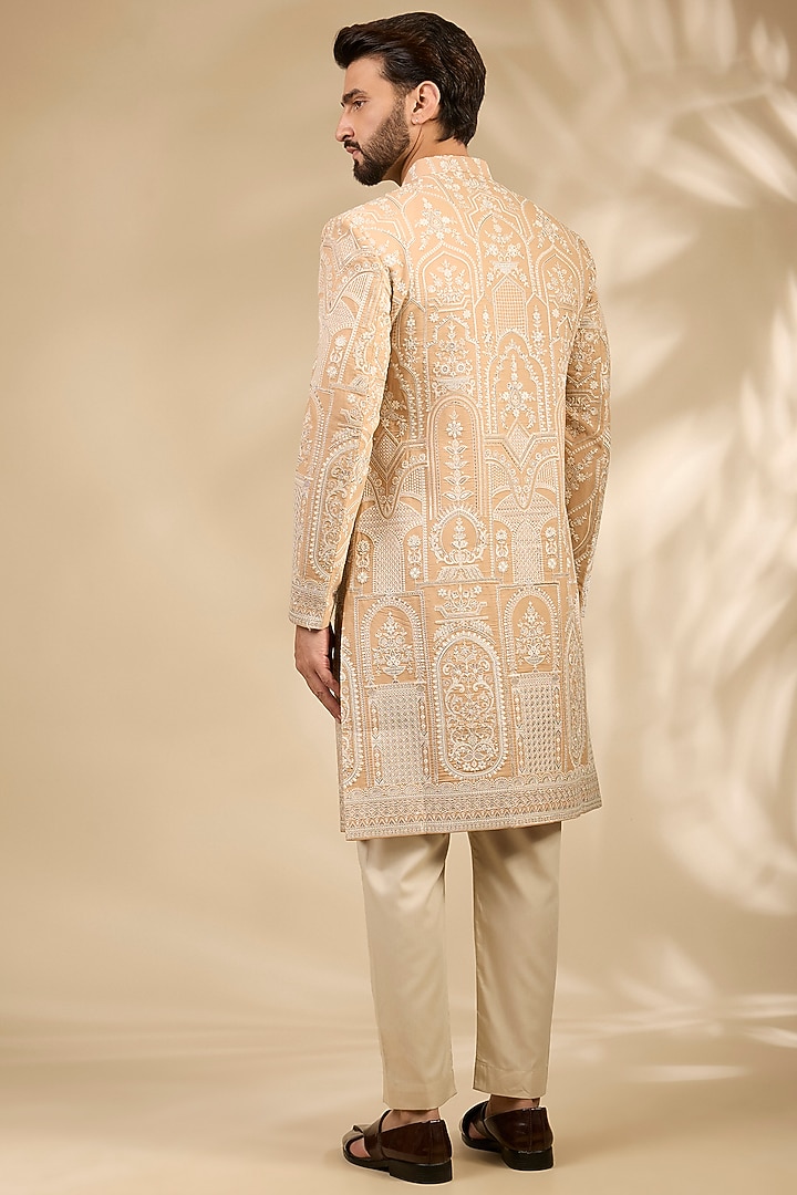 Beige Georgette Embroidered Wedding Sherwani Set by TushPosh at Pernia's Pop Up Shop