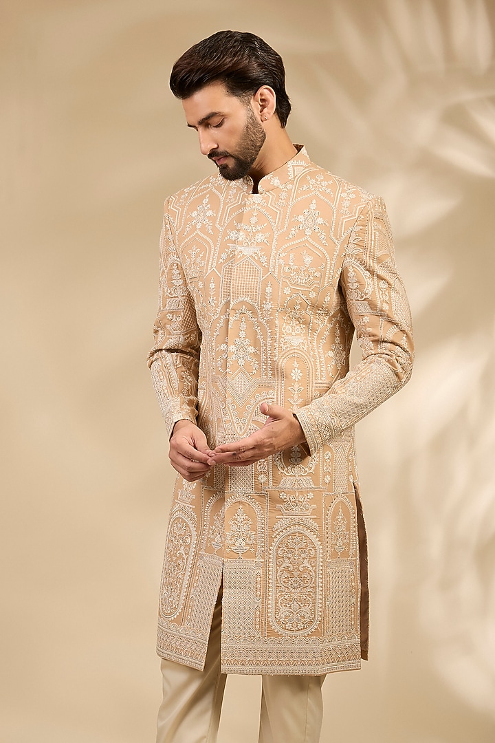 Beige Georgette Embroidered Wedding Sherwani Set by TushPosh at Pernia's Pop Up Shop