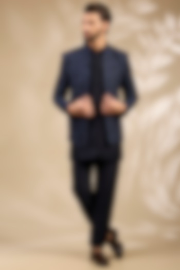 Navy Blue Viscose Embroidered Wedding Bandhgala Set by TushPosh at Pernia's Pop Up Shop