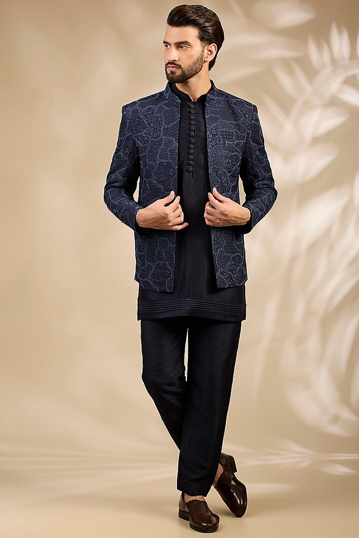 Navy Blue Viscose Embroidered Wedding Bandhgala Set by TushPosh at Pernia's Pop Up Shop