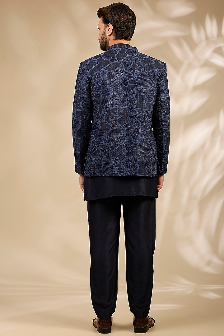 Navy Blue Viscose Embroidered Wedding Bandhgala Set by TushPosh at Pernia's Pop Up Shop