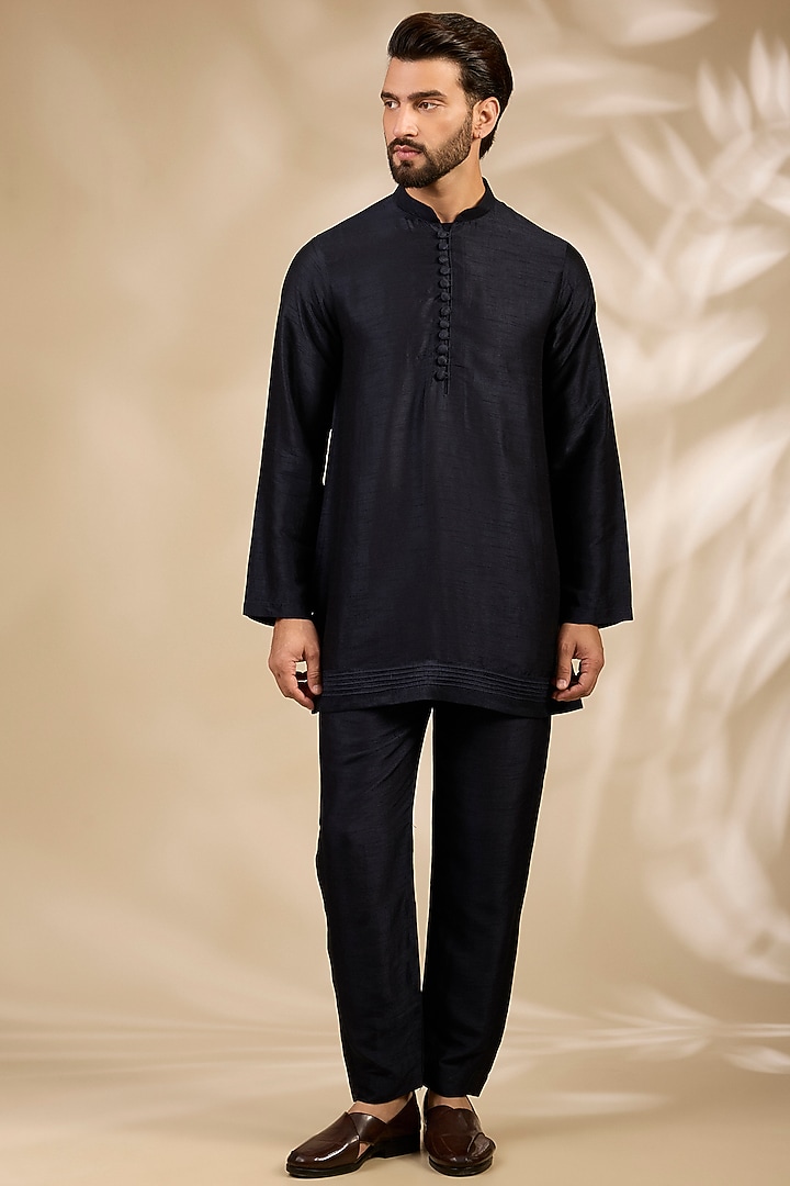 Navy Blue Viscose Embroidered Wedding Bandhgala Set by TushPosh at Pernia's Pop Up Shop