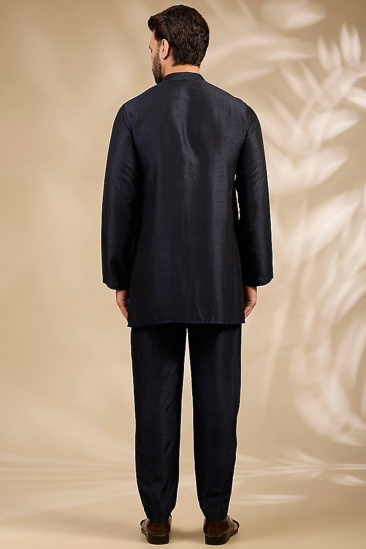 Navy Blue Viscose Embroidered Wedding Bandhgala Set by TushPosh at Pernia's Pop Up Shop