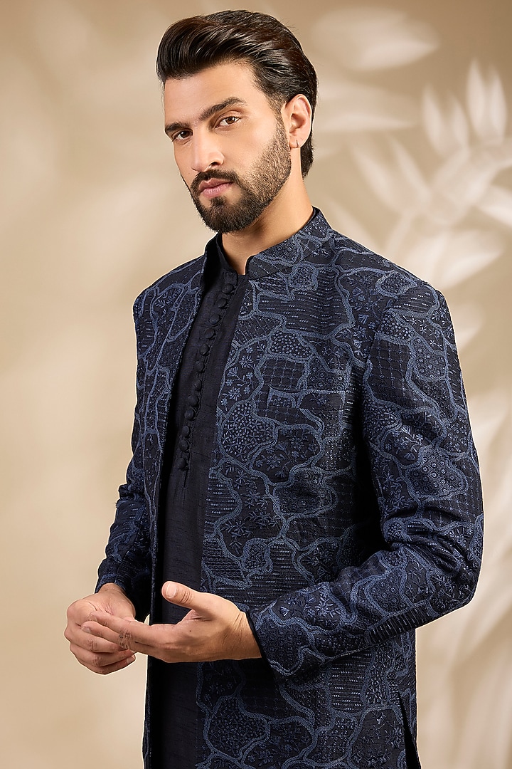 Navy Blue Viscose Embroidered Wedding Bandhgala Set by TushPosh at Pernia's Pop Up Shop