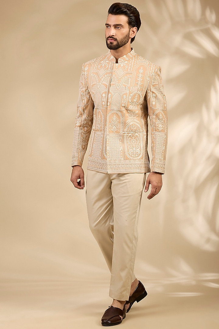 Beige Georgette Thread Embroidered Wedding Bandhgala Set by TushPosh at Pernia's Pop Up Shop