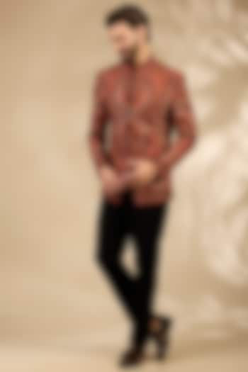 Rust Viscose Thread Embroidered Wedding Bandhgala Set by TushPosh at Pernia's Pop Up Shop