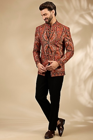 Rust Viscose Thread Embroidered Bandhgala Set by TushPosh
