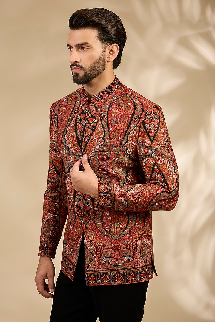 Rust Viscose Thread Embroidered Wedding Bandhgala Set by TushPosh at Pernia's Pop Up Shop