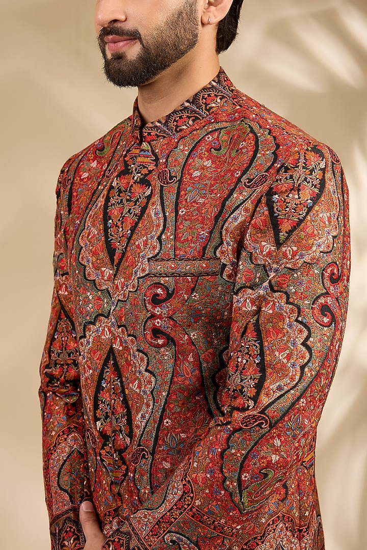 Rust Viscose Thread Embroidered Wedding Bandhgala Set by TushPosh at Pernia's Pop Up Shop
