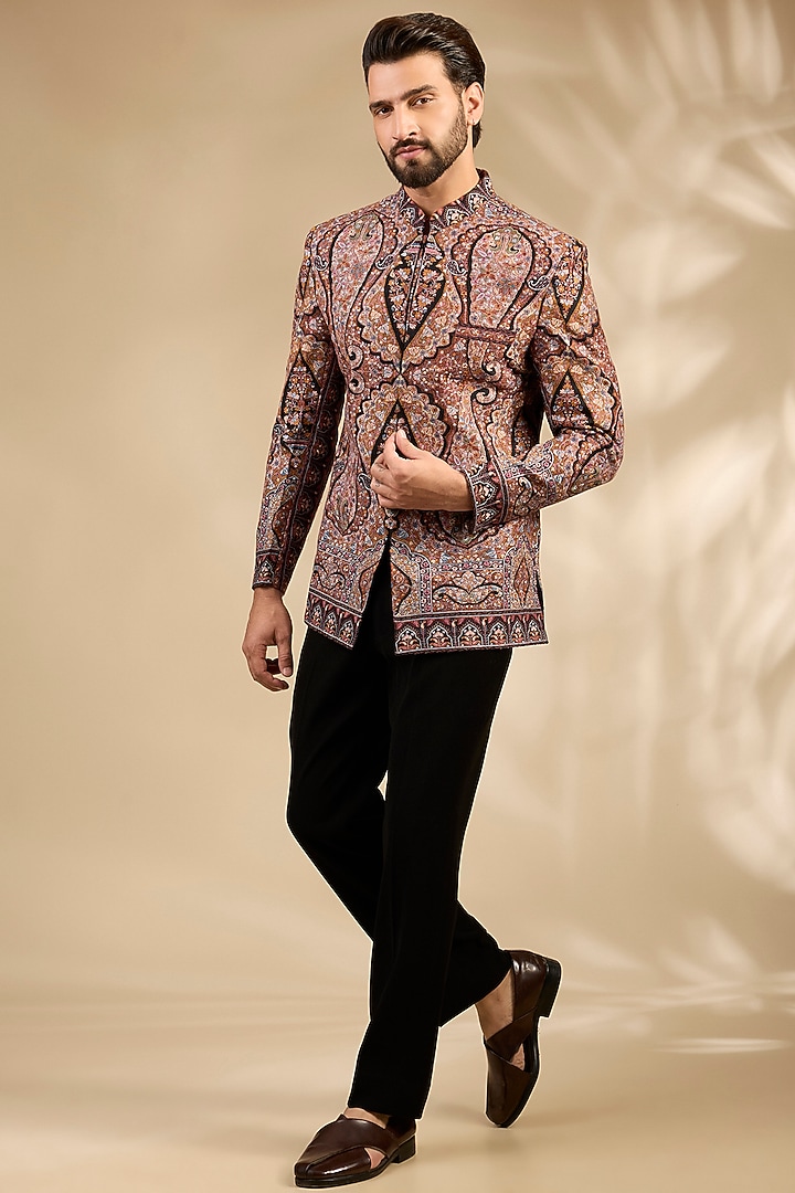 Multi-Colored Viscose Thread Embroidered Wedding Bandhgala Set by TushPosh at Pernia's Pop Up Shop