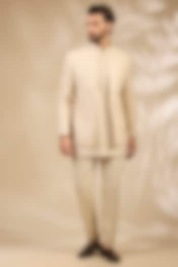 Ivory Viscose Embroidered Wedding Bandhgala Set by TushPosh at Pernia's Pop Up Shop