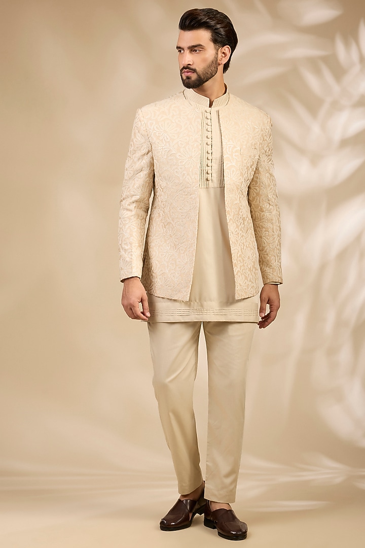 Ivory Viscose Embroidered Wedding Bandhgala Set by TushPosh at Pernia's Pop Up Shop