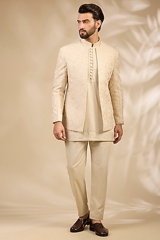 Ivory Viscose Embroidered Bandhgala Set by TushPosh