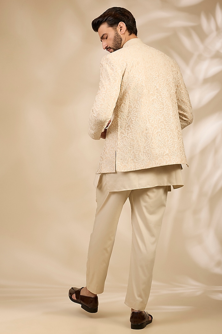 Ivory Viscose Embroidered Wedding Bandhgala Set by TushPosh at Pernia's Pop Up Shop