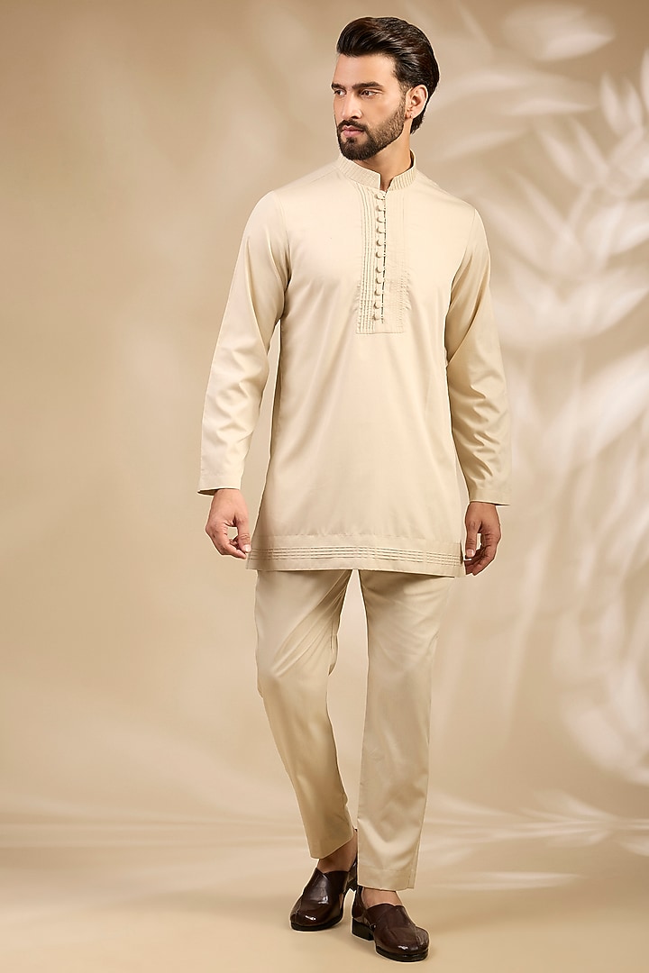 Ivory Viscose Embroidered Wedding Bandhgala Set by TushPosh at Pernia's Pop Up Shop