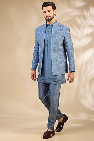 Grey Viscose Embroidered Bandhgala Set by TushPosh