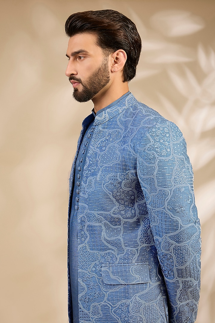Grey Viscose Embroidered Wedding Bandhgala Set by TushPosh at Pernia's Pop Up Shop