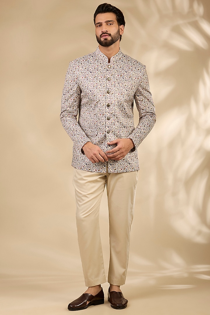 Multi-Colored Viscose Paisley Printed Bandhgala Set by TushPosh at Pernia's Pop Up Shop