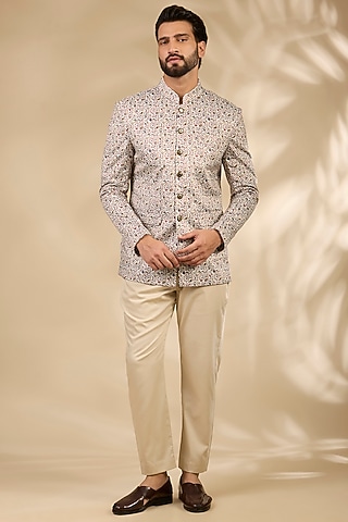 Multi-Colored Viscose Paisley Printed Bandhgala Set by TushPosh