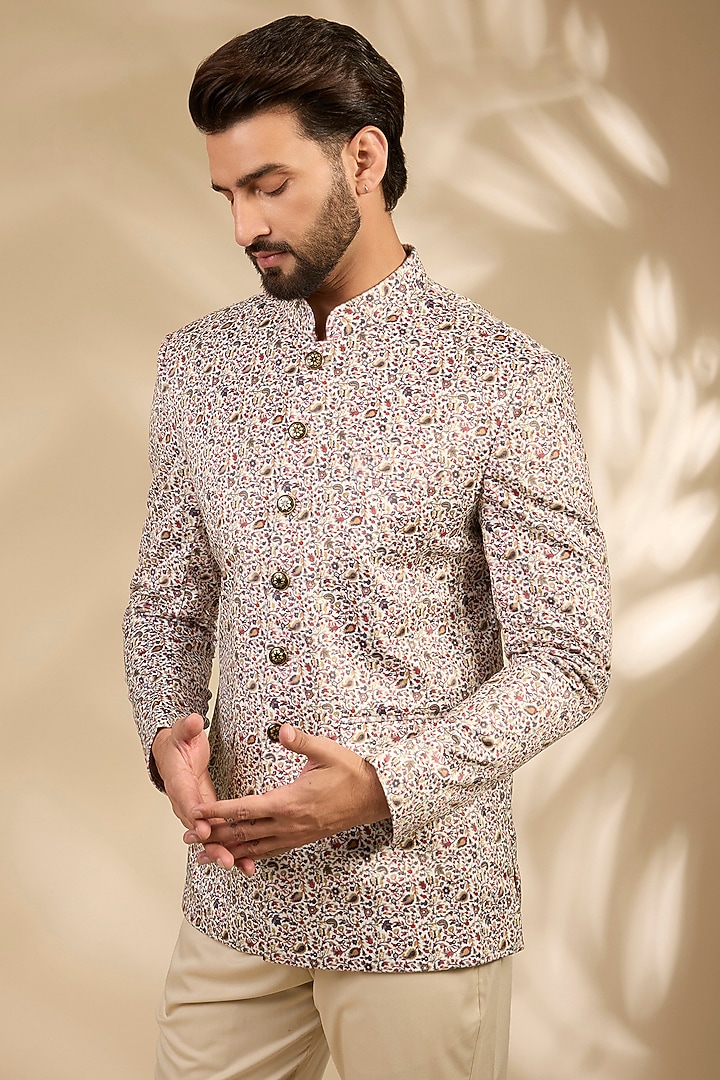 Multi-Colored Viscose Paisley Printed Bandhgala Set by TushPosh at Pernia's Pop Up Shop
