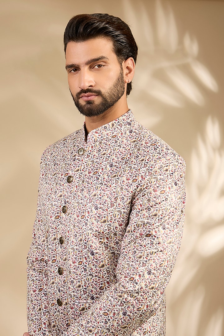 Multi-Colored Viscose Paisley Printed Bandhgala Set by TushPosh at Pernia's Pop Up Shop