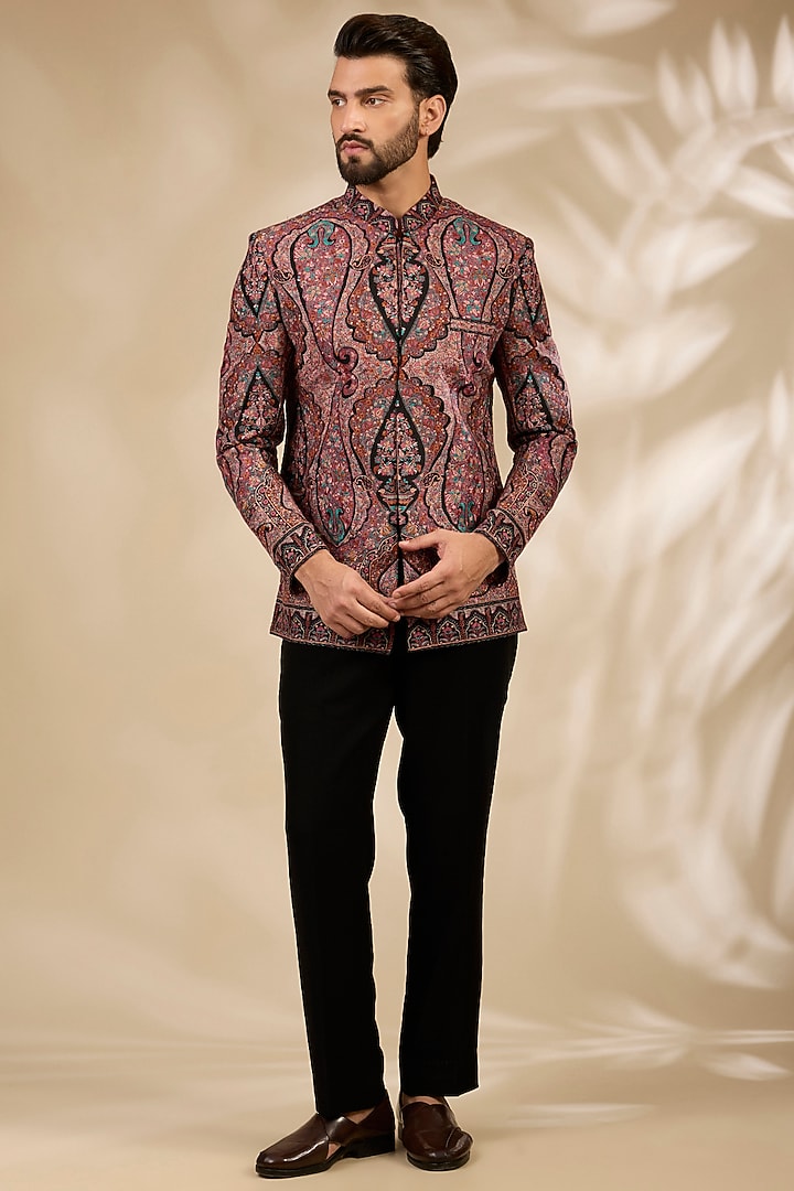 Multi-Colored Viscose Thread Embroidered Wedding Bandhgala Set by TushPosh at Pernia's Pop Up Shop