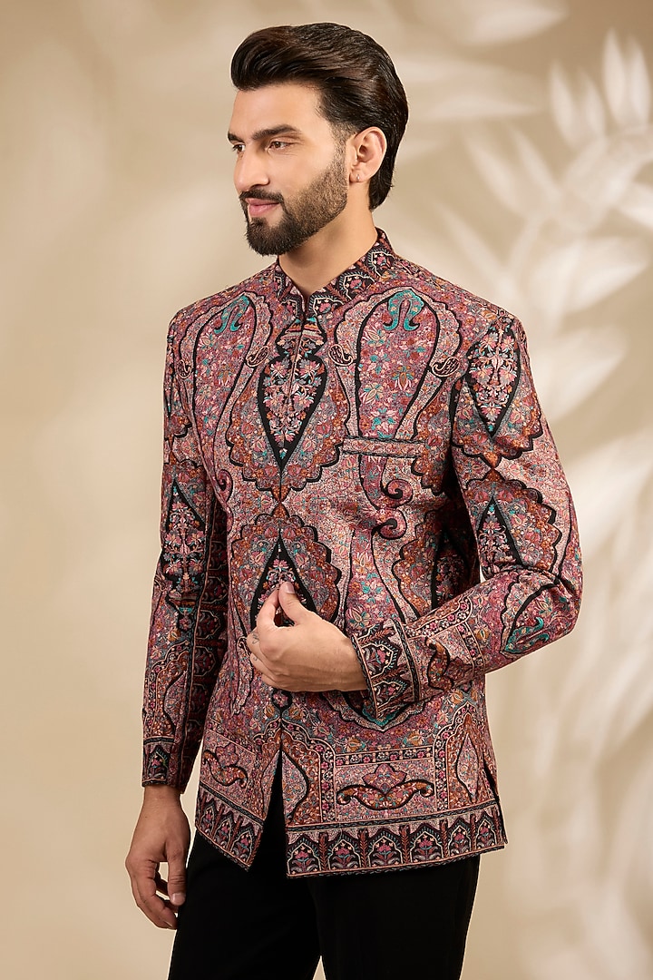 Multi-Colored Viscose Thread Embroidered Wedding Bandhgala Set by TushPosh at Pernia's Pop Up Shop