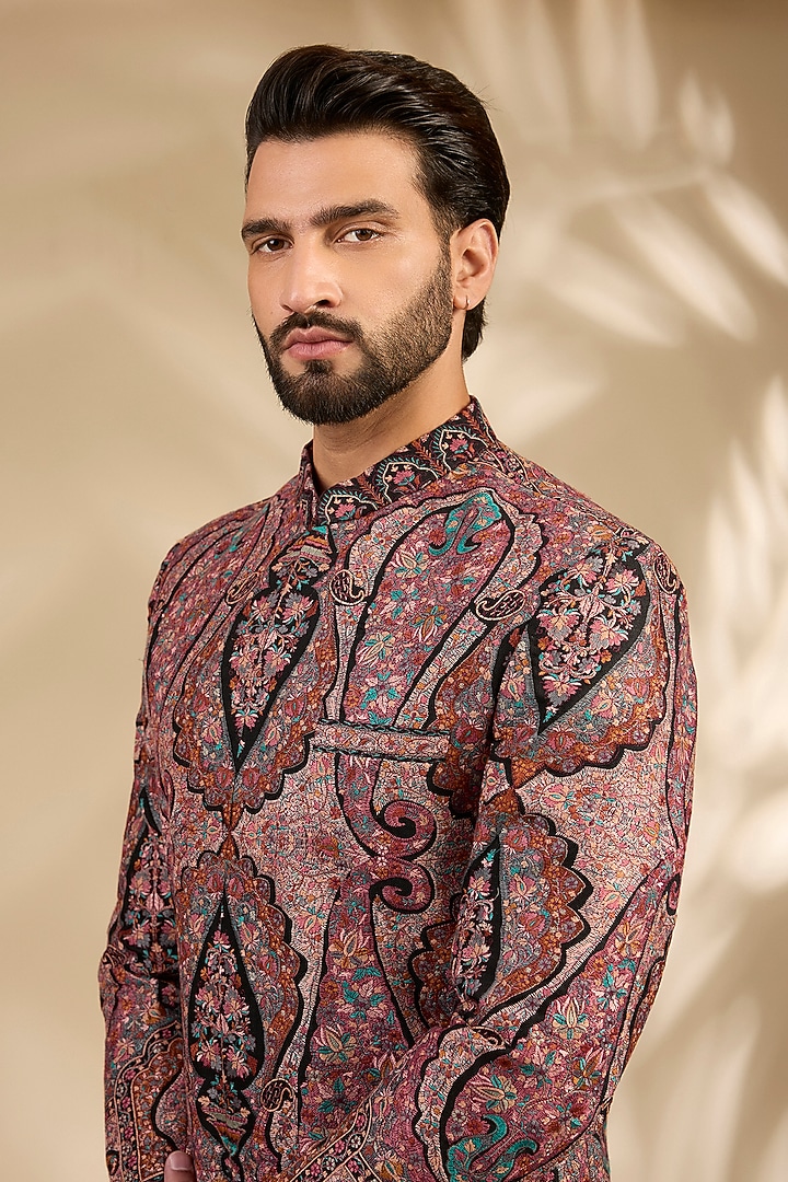 Multi-Colored Viscose Thread Embroidered Wedding Bandhgala Set by TushPosh at Pernia's Pop Up Shop