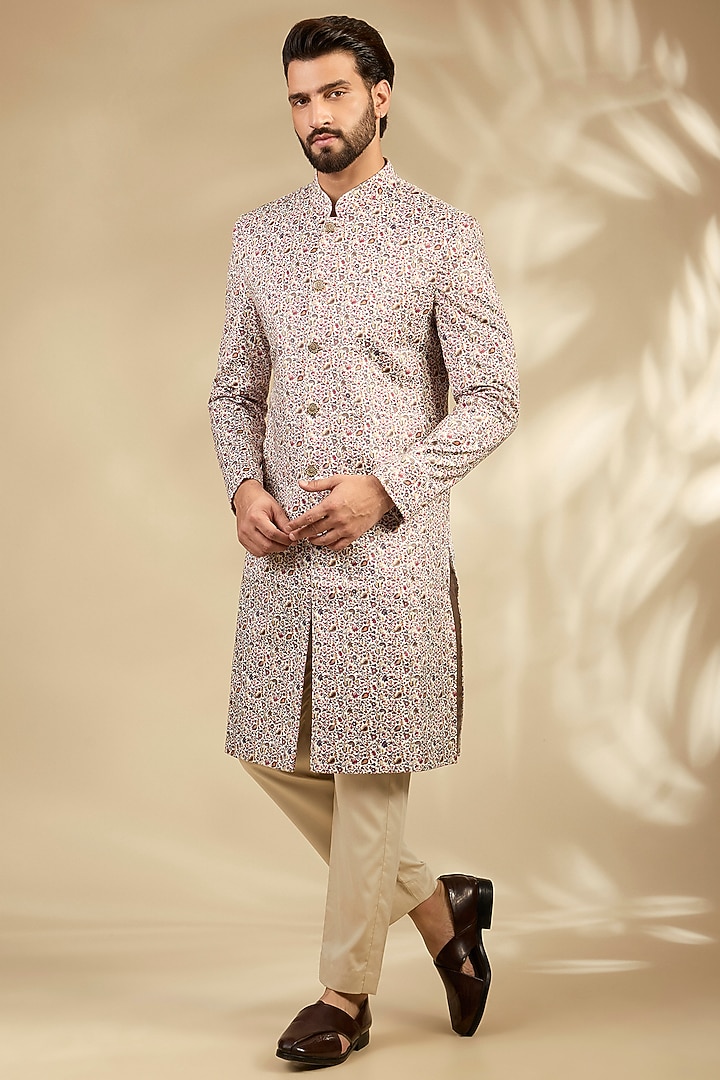 Beige Viscose Paisley Printed Wedding Sherwani Set by TushPosh at Pernia's Pop Up Shop
