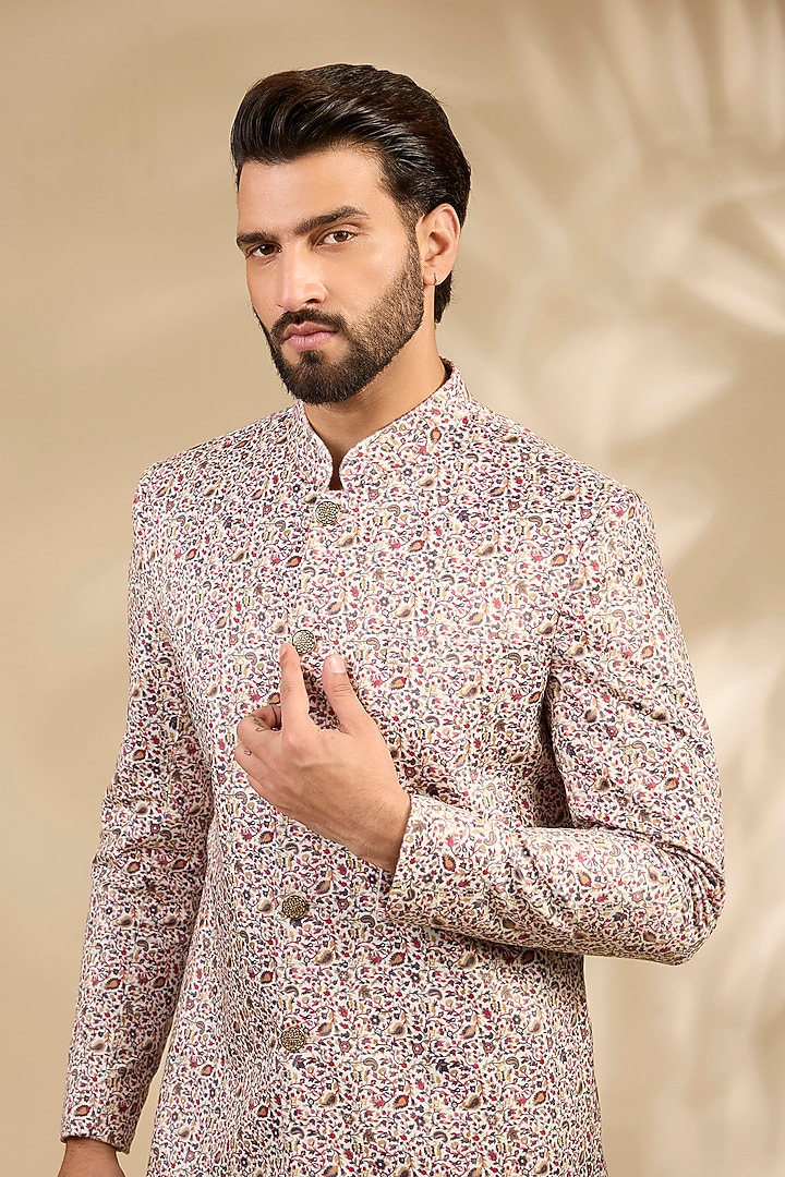 Beige Viscose Paisley Printed Wedding Sherwani Set by TushPosh at Pernia's Pop Up Shop